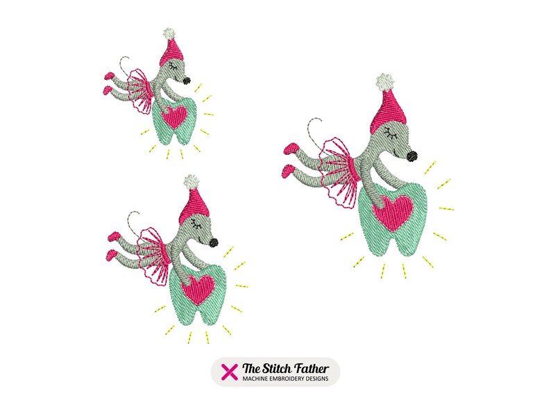 May include: Three embroidered images of a gray mouse wearing a red Santa hat and a pink tutu holding a green tooth with a pink heart on it. The tooth is surrounded by yellow stars.