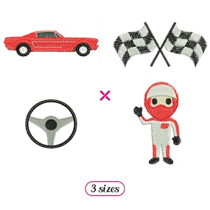 Race Set Machine Embroidery designs – Car, Chequered Flag, Steering Wheel, Racing Driver - 3 sizes - INSTANT DOWNLOAD