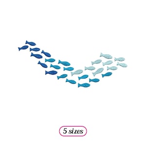 May include: An embroidery design of a school of blue, teal, and light blue fish swimming in a curved line. The design is available in 5 sizes.