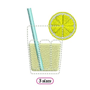 May include: A glass of lemonade with a straw and a lemon slice on top. The glass is filled with a pale yellow liquid. The lemon slice is yellow with a green centre. The straw is blue. The text "3 sizes" is below the image.
