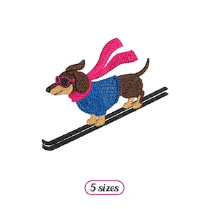 May include: An embroidered design of a dachshund dog skiing downhill. The dog is wearing a blue sweater, pink scarf, and pink goggles. The text "5 sizes" is below the image.