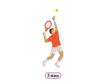 May include: An embroidered design of a tennis player serving a yellow tennis ball. The player is wearing an orange shirt, white shorts, and white socks. The tennis racket is red. The text "3 sizes" is in a pink oval.