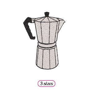 Könnte beinhalten: Eine Schwarzweiß-Zeichnung eines Espressokochers für den Herd, auch bekannt als Moka-Kanne. Das Bild ist in einem einfachen, minimalistischen Stil gehalten.