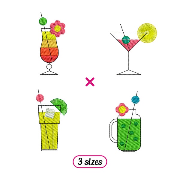 Mini Cocktail Set Machine Embroidery Designs – Cute Drinks Party Alcohol Celebration – Smoothie Juice - Cherry Flower – Instant download