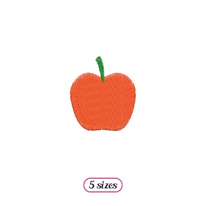 May include: A simple orange apple with a green stem. The apple is a simple, cartoon-like design.