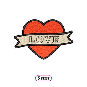 Puede incluir: Parche bordado con un corazón rojo y una pancarta que dice "LOVE" en texto blanco. El corazón está delineado en negro.