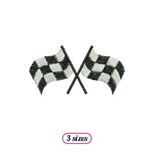 May include: Two black and white checkered racing flags crossed at the center. The flags are waving in the wind. The text "3 sizes" is below the flags.