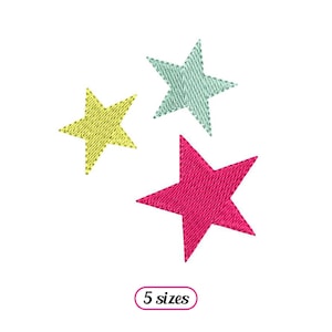 May include: Three embroidered stars in yellow, teal, and pink against a white background. The stars are in different sizes and arranged in a scattered pattern. The text "5 sizes" is in a pink oval.