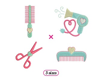 Mini Hairdressing Machine Embroidery design – Hairbrush, Hairdryer, Scissors, Comb - 3 sizes - INSTANT DOWNLOAD