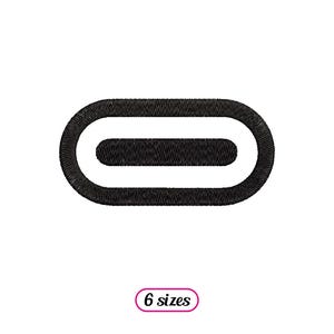May include: Black and white embroidery design of a USB-C connector. The design is available in six sizes.