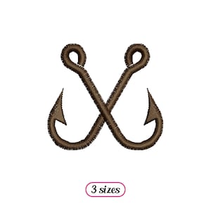 Peut inclure: Deux hameçons de pêche bruns sont croisés l'un sur l'autre. Les hameçons sont en forme de lettre X. L'image a le texte "3 tailles" sous les hameçons.