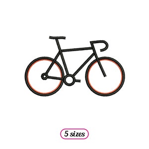 May include: Black and white outline of a bicycle with orange tire rims. The bicycle has a simple design with no additional details.