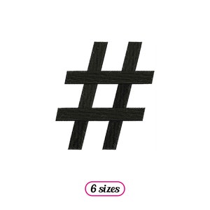 May include: Black embroidered hashtag symbol, available in six sizes.