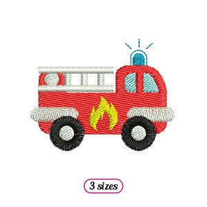 Könnte beinhalten: Rote Feuerwehr-Stickerei mit gelber Flamme, weißer Leiter und blauem Licht. Das Design ist in 3 Größen erhältlich.