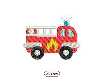 May include: Red fire truck embroidery design with a yellow flame, white ladder, and blue light.  The design comes in 3 sizes.
