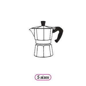 May include: A black and white line drawing of a coffee pot with a handle. The text "5 sizes" is below the image.