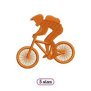 Pode incluir: Uma silhueta laranja de uma pessoa a andar de bicicleta de montanha. A pessoa está a usar um capacete e tem uma mochila às costas. A bicicleta tem duas rodas e um quadro.