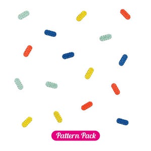 May include: A white background with a pattern of colorful, textured, oblong shapes in red, blue, yellow, and green. The text "Pattern Pack" is in a pink rectangle at the bottom.