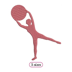 May include: A pink silhouette of a person holding a pink exercise ball above their head, with one leg extended to the side. The image is a digital embroidery design.