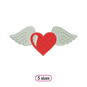 May include: Red heart with gray wings, a simple design for embroidery. 5 sizes are available.