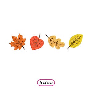 May include: Four embroidered autumn leaves in shades of orange, red, and yellow are displayed on a white background. The leaves are in various shapes, including maple and oak leaf designs. The text "5 sizes" is in a pink oval.