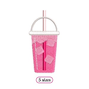 May include: Embroidered design of a pink drink in a clear cup with ice cubes and a straw. The cup has a white handle and a white rim. The text "5 sizes" is in a pink oval.