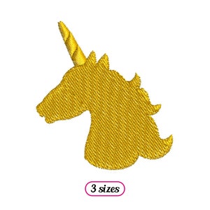 Könnte beinhalten: Gold gestickte Silhouette eines Einhorns mit einem einzigen Horn. Das Einhorn blickt nach links und hat eine Mähne und einen Schweif. Das Design ist in drei Größen erhältlich.