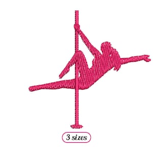 May include: Pink silhouette of a person performing a pole dance, with a pole in the center and the text "3 sizes" below.