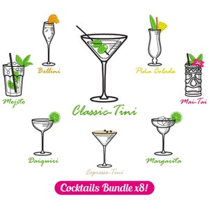 Classic Cocktails Bundle x 8 Machine Embroidery designs - Martini, Espresso-Tini, Margarita, Mojito, Pina Colada, Mai-Tai - INSTANT DOWNLOAD