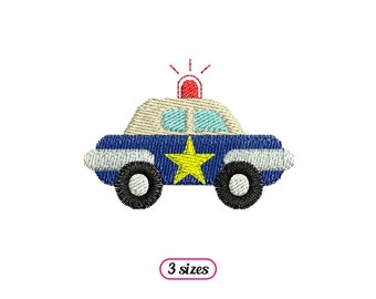 May include: Embroidered police car design in blue, white, and tan with a yellow star and red siren. The car has black wheels and light blue windows. The text "3 sizes" is in a pink oval.