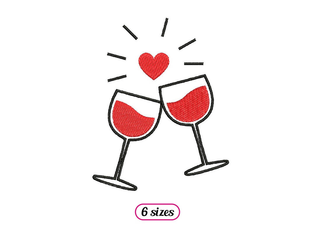 Wine Glasses Cheers With Heart Machine Embroidery Design 6 Sizes