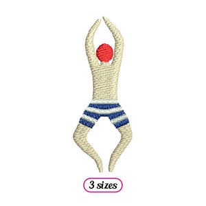 Op de afbeelding: Een geborduurd ontwerp van een persoon in een gestreept zwempak met opgeheven armen, alsof hij in het water duikt. Het ontwerp is in beige, blauw en rood.