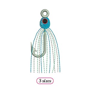 May include: Blue and silver fishing lure with a black eye and a silver hook. The lure has a long, thin body with a series of silver strands hanging from it. 3 sizes.