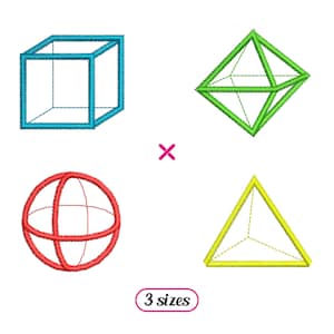 ミニ幾何学形状セット機械刺繍デザイン - 立方体、多面体、球体、四面体 - 3D形状パースペクティブ - 即時ダウンロード