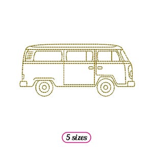 May include: Line art illustration of a vintage van, outlined in gold, with the text "5 sizes" below the image.