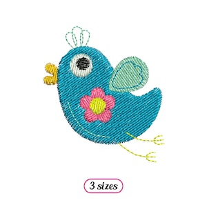 May include: Embroidered design of a blue bird with a pink flower on its chest and green wings. The bird has a yellow beak and black eyes.