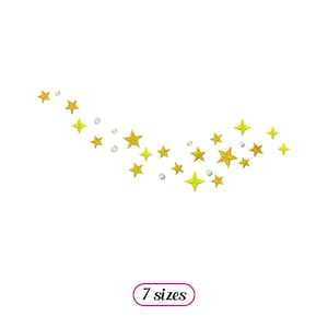 Può includere: Una spolverata di stelle dorate scintillanti su uno sfondo bianco. Le stelle sono di diverse dimensioni e sono disposte in una linea curva. Il testo "7 dimensioni" è stampato sotto le stelle.