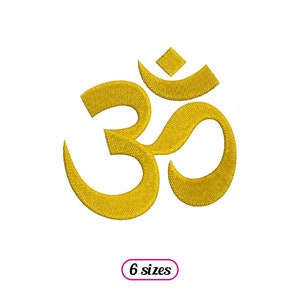 May include: Gold embroidered Om symbol, a sacred Hindu mantra, with a diamond-shaped design at the top.  The symbol is available in six sizes.