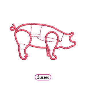 May include: A pink line drawing of a pig with the different cuts of meat labeled. The text "3 sizes" is below the image.