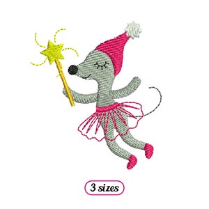 May include: A gray mouse wearing a pink hat and a pink tutu holds a yellow star wand. The mouse is smiling and has its eyes closed. The image includes the text "3 sizes".