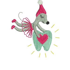 May include: A gray mouse wearing a pink tutu and a red Santa hat holds a green tooth with a pink heart in the center. Yellow rays of light surround the tooth.