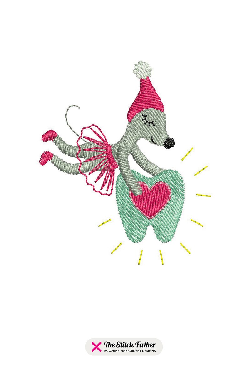 May include: A gray mouse wearing a pink tutu and a red Santa hat holds a green tooth with a pink heart in the center. Yellow rays of light surround the tooth.