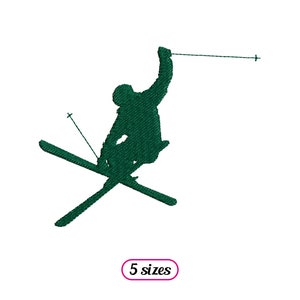 May include: A silhouette of a skier in mid-air, with skis crossed and poles extended, against a white background. The skier is wearing a dark green jumpsuit. The image includes the text "5 sizes".