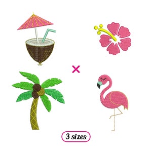 Mini Summer Tropical Set Machine Embroidery designs - Pink Flamingo, Palm Tree, Coconut Drink, Ibiscus Flower - 3 sizes - INSTANT DOWNLOAD