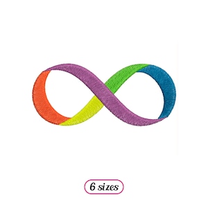 May include: An infinity symbol design embroidered in a rainbow of colors, including purple, orange, yellow, green, and blue. The design is available in six sizes.