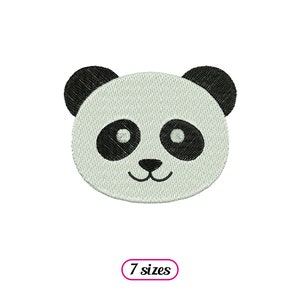 May include: Embroidered panda face with black ears, eyes, and nose on a light gray background. The panda has a smiling mouth. The text "7 sizes" is in a pink oval below the panda.