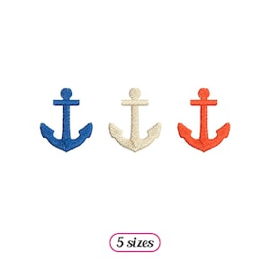 May include: Three anchor embroidery designs in blue, white, and orange. The anchors are in a row and are all the same size. The text "5 sizes" is below the anchors.