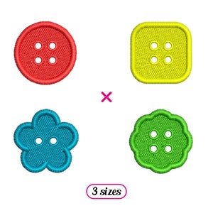 May include: Four embroidered button designs in red, yellow, blue, and green. The buttons are in different shapes, including a circle, square, flower, and a rounded shape. The text "3 sizes" is below the buttons.
