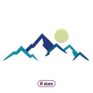 May include: An embroidery design featuring a stylized mountain range with a yellow sun in the background. The mountains are blue and teal.