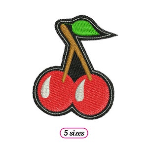 May include: Embroidered patch featuring a pair of red cherries with white highlights, a green leaf, and a brown stem. The design is outlined in black with a white border. The text "5 sizes" is in a pink oval.